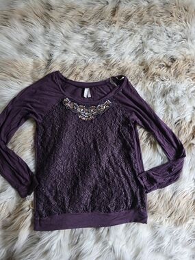 Vanity Plum Lace Long Sleeve Top with Beaded Neckline
